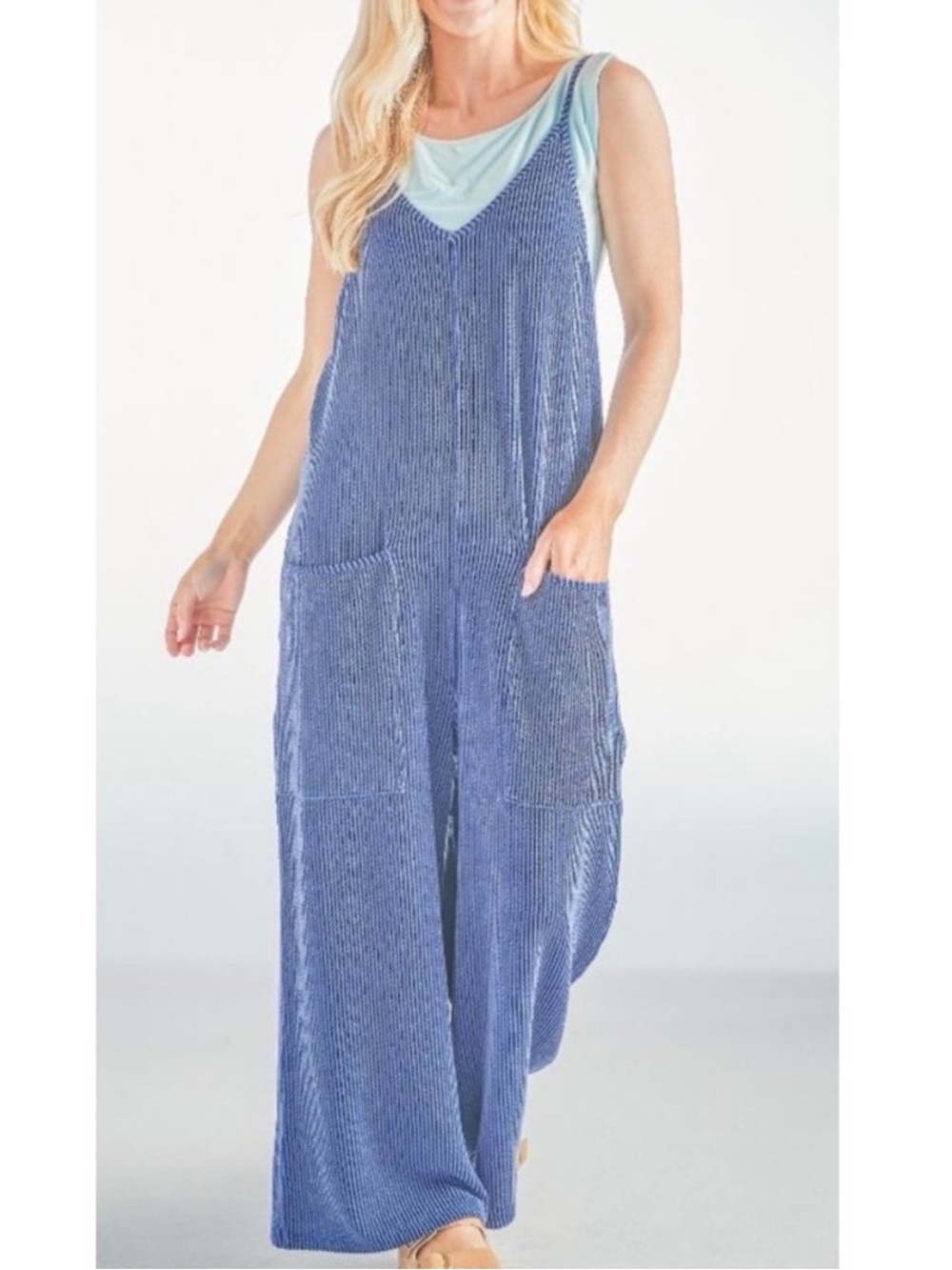 Simply Southern Knit Striped Navy Wide Leg Jumpsuit Size Small Boho Comfort